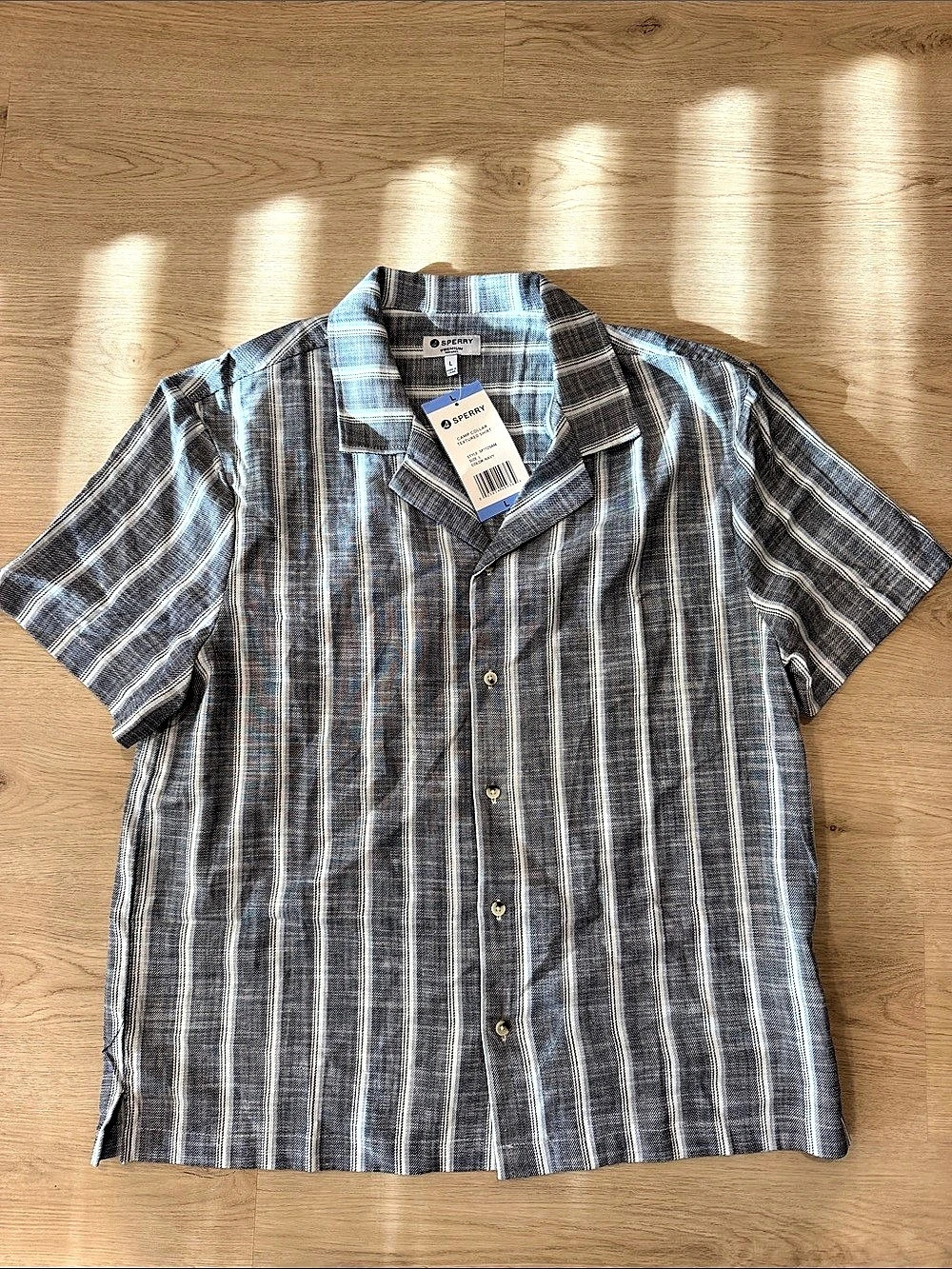 Sperry Collar Textured Shirt Striped Collar Shirt in Blue & White Size large